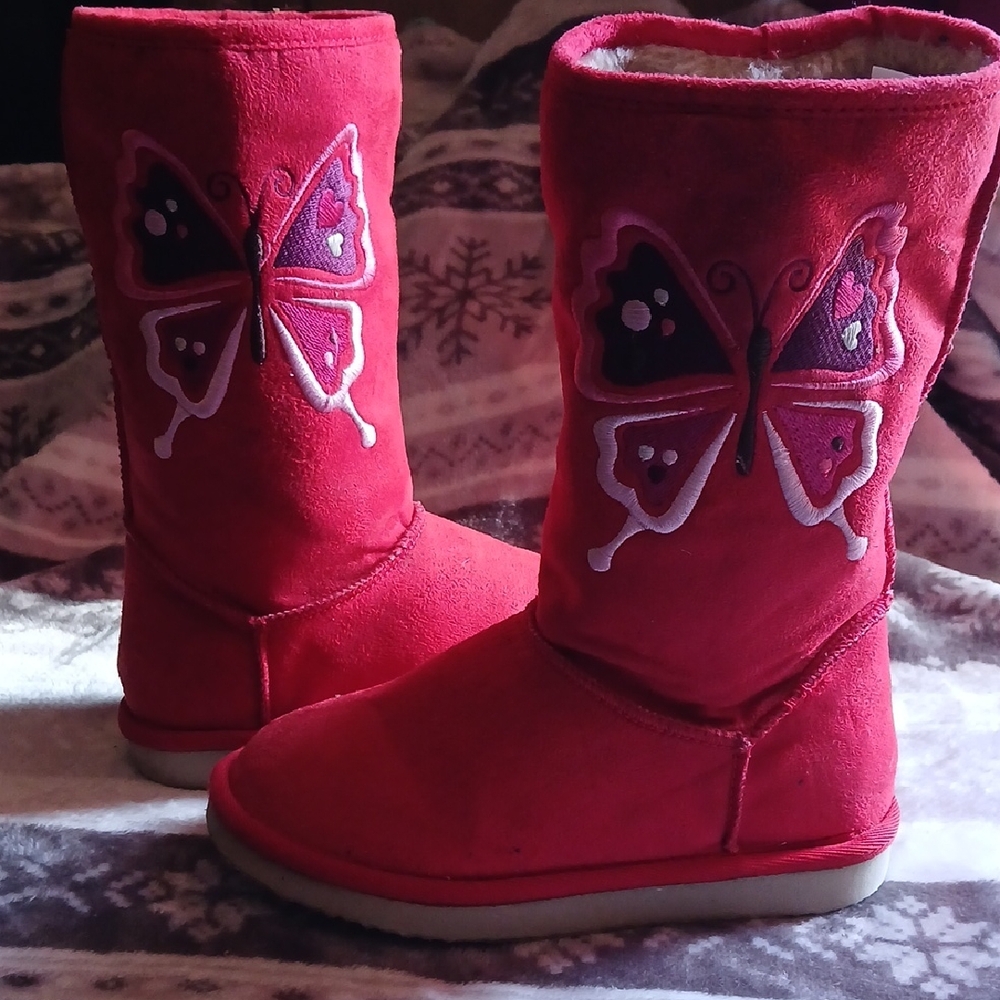 Butterfly Embroidered Kids Boots - Red
